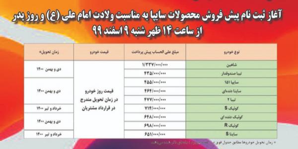 طرح پیش فروش محصولات سایپا به مناسبت میلاد با سعادت امام علی (ع) و روز پدر